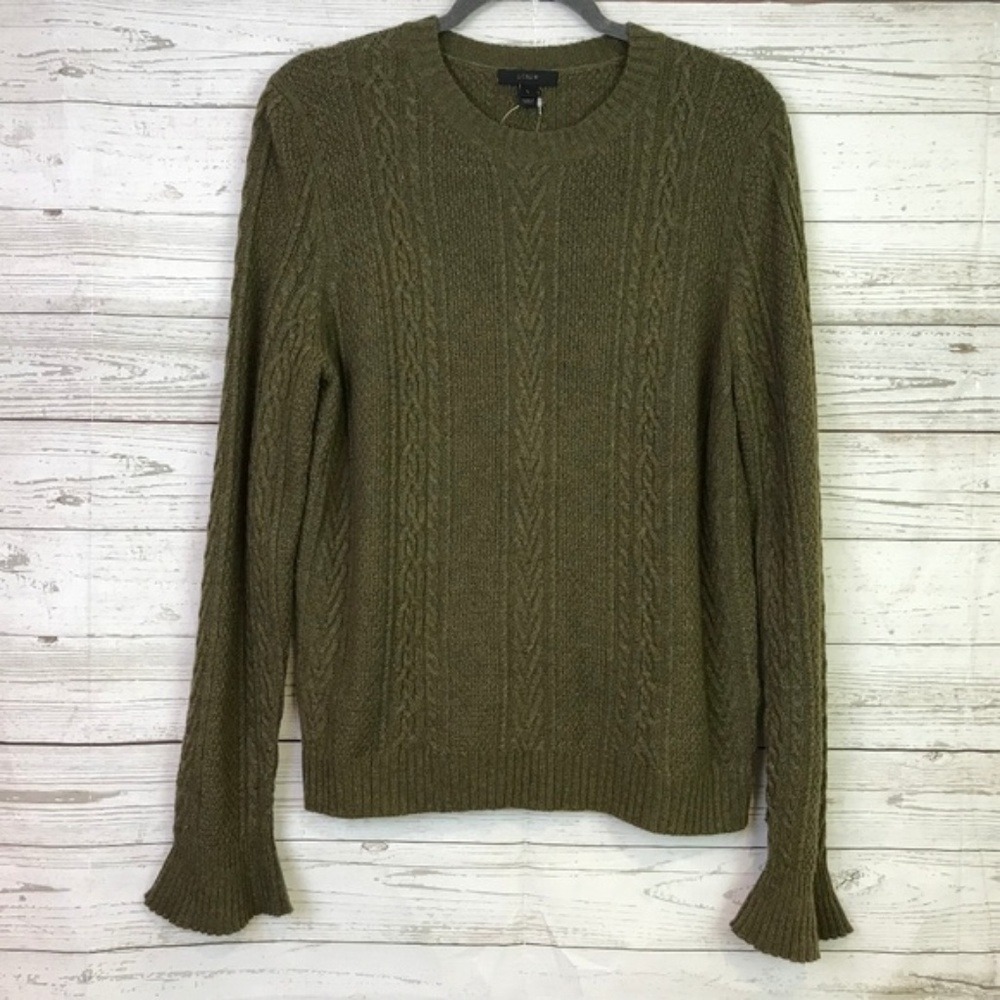 J. Crew NWT cable crewneck sweater with ruffle L